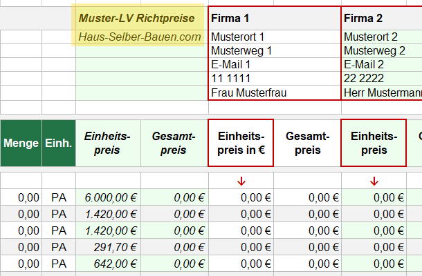 Excel Muster-LV Richtpreise für Hausbau