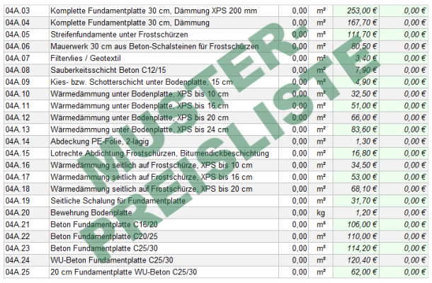 Excel Muster-LV als Hausbau-Preisliste