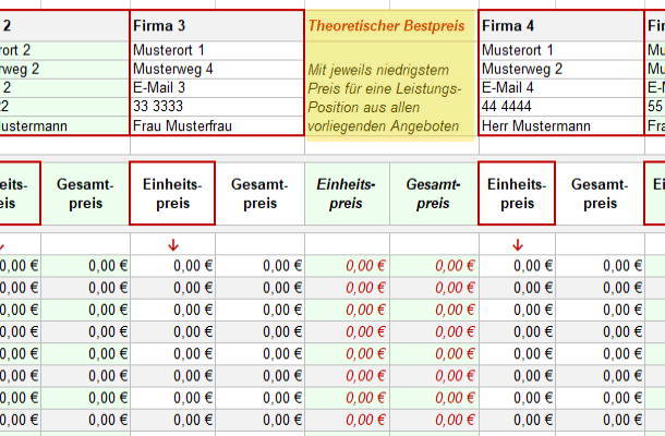 Excel Muster-LV Arbeitsblatt Preisvergleich mit Spalte für theoretischen Bestpreis