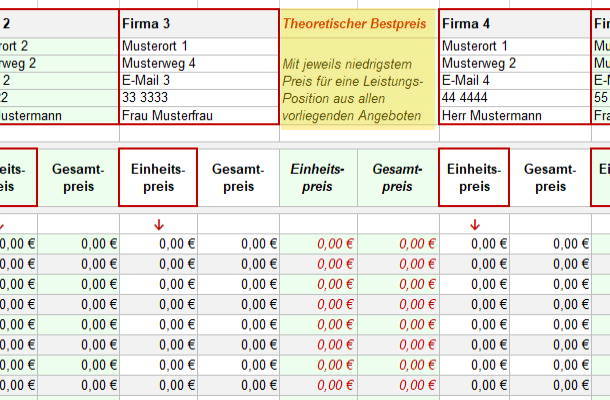 Excel Muster-LV Arbeitsblatt Preisvergleich mit Spalte für theoretischen Bestpreis