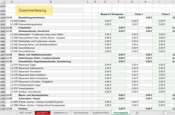 Excel Muster-LV Zusammenfassung Arbeitsblatt Preisvergleich