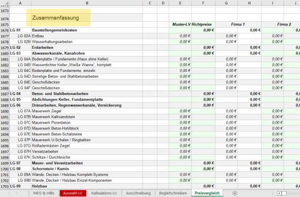 Excel Muster-LV Zusammenfassung Arbeitsblatt Preisvergleich