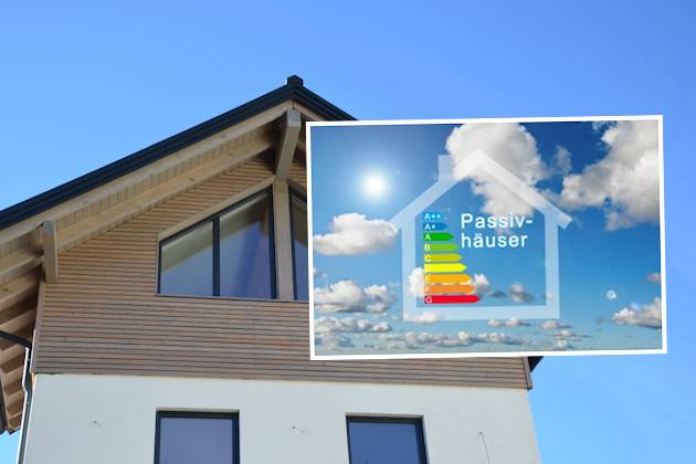 Schema Passivhaus mit Energieeffizienz-Balken