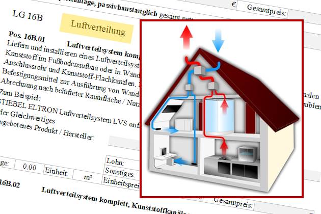 Ausschnitt aus Leitungsverzeichnis und Schema einer Komfortlüftung mit Wärmerückgewinnung