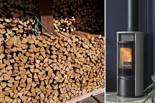 Schwedenofen Schwedenofen und geschlichtete Holzscheite als Brennholz