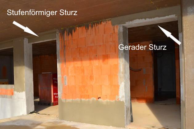 Sturzarten Stufenförmiger und gerade Sturz bei Ziegel-Außenmauerwerk