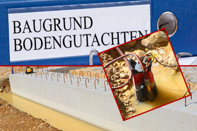 Fundament in Wasser und Büroordner mit Aufschrift Bodengutachten